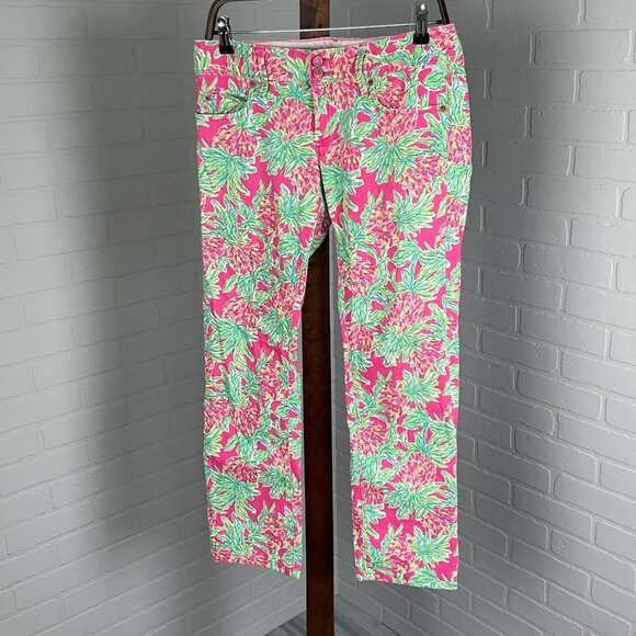 Lilly Pulizer Pants Women 4 Pink Green Floral Worth Straight Jean Cotton Stretch - Picture 1 of 15